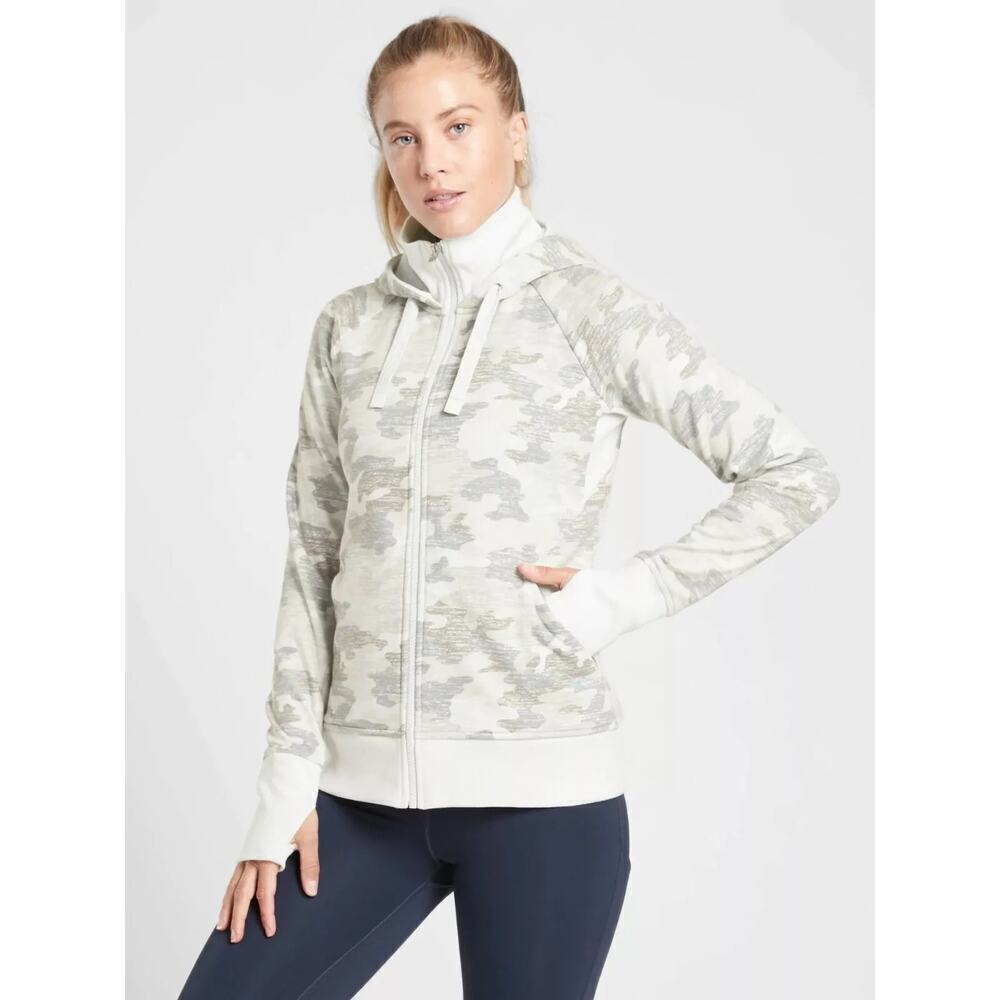 Athleta Triumph Gray White Camo Printed Hoodie Thumb Hole Size XS #511504